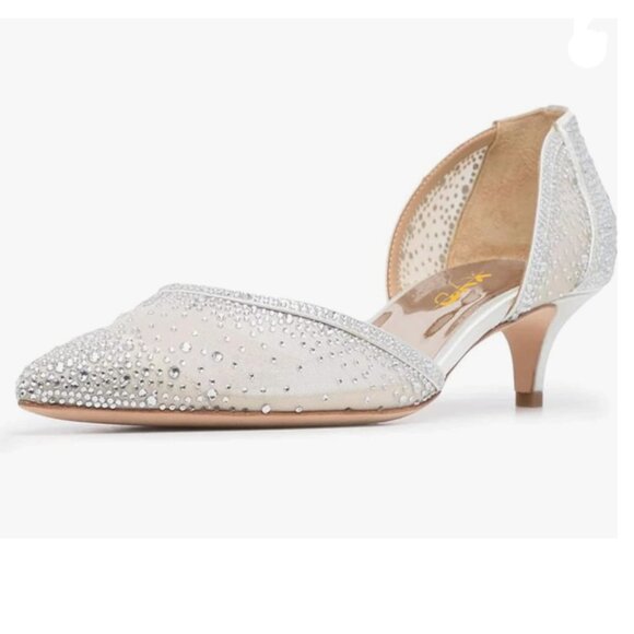 XYD Shoes - XYD Ivory Mesh Elegant Pointed Toe D'Orsay Kitten Heel Rhinestone Studs Pumps